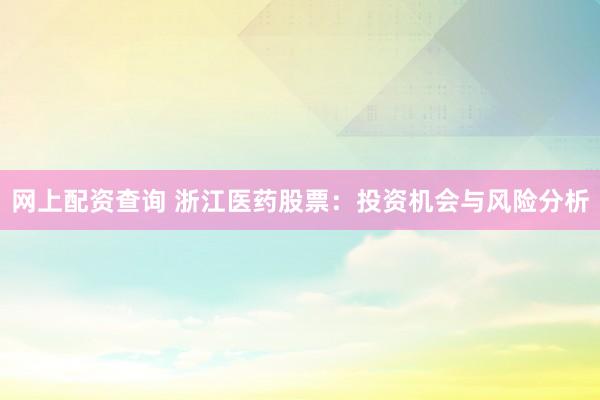 网上配资查询 浙江医药股票：投资机会与风险分析